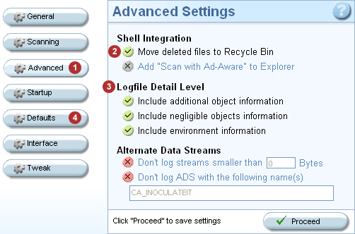 The advanced settings inside Ad-Aware.