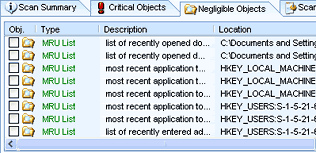 The list of negligible objects that turned up after the search for spyware.