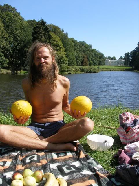 juggling yellow melons by the lake